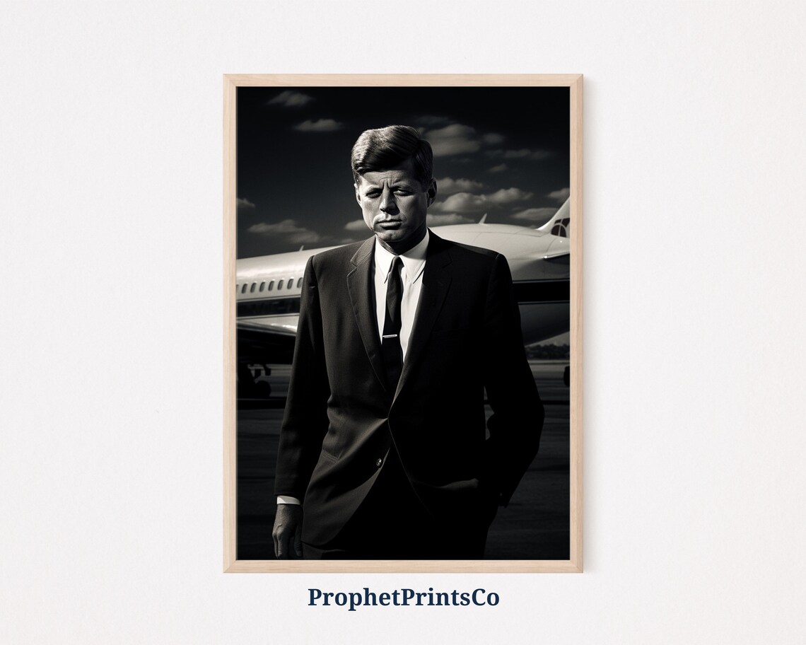 John F Kennedy Black And White Portrait Before Airplane Poster
