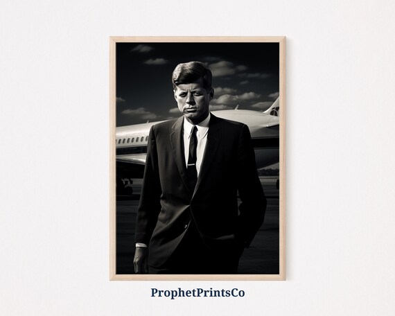 John F Kennedy Black And White Portrait Before Airplane Poster
