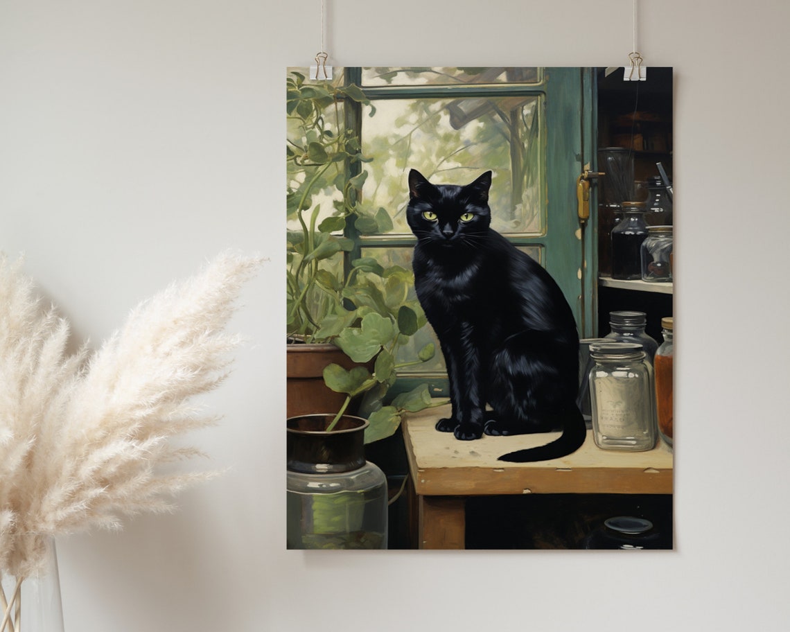 Black Cat By Window With Plants Painterly Vintage Cat Art Poster - Image 2