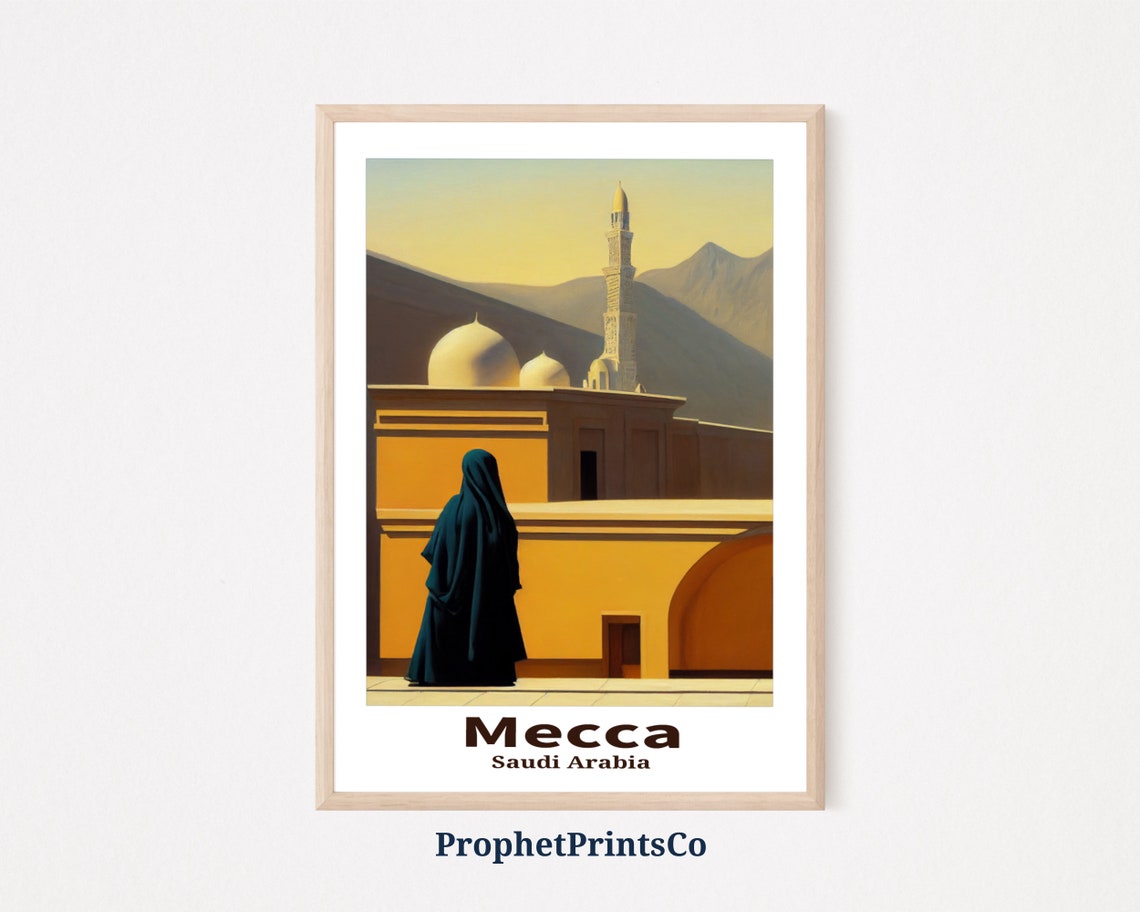 Mecca Saudi Arabia Figure Before Mosque Domes Desert Art Travel Poster