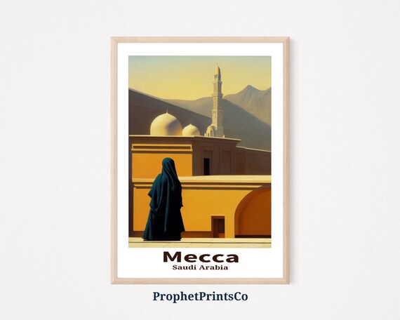 Mecca Saudi Arabia Figure Before Mosque Domes Desert Art Travel Poster