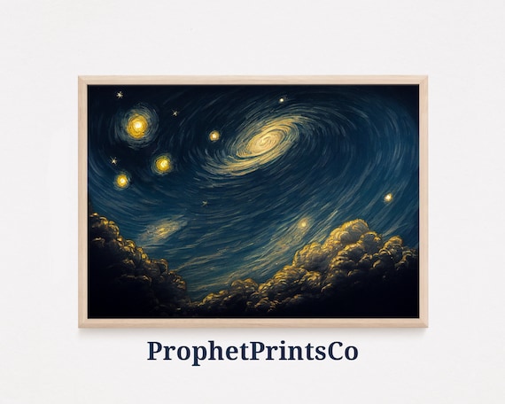 Starry Night Swirling Galaxy Over Golden Clouds Celestial Poster