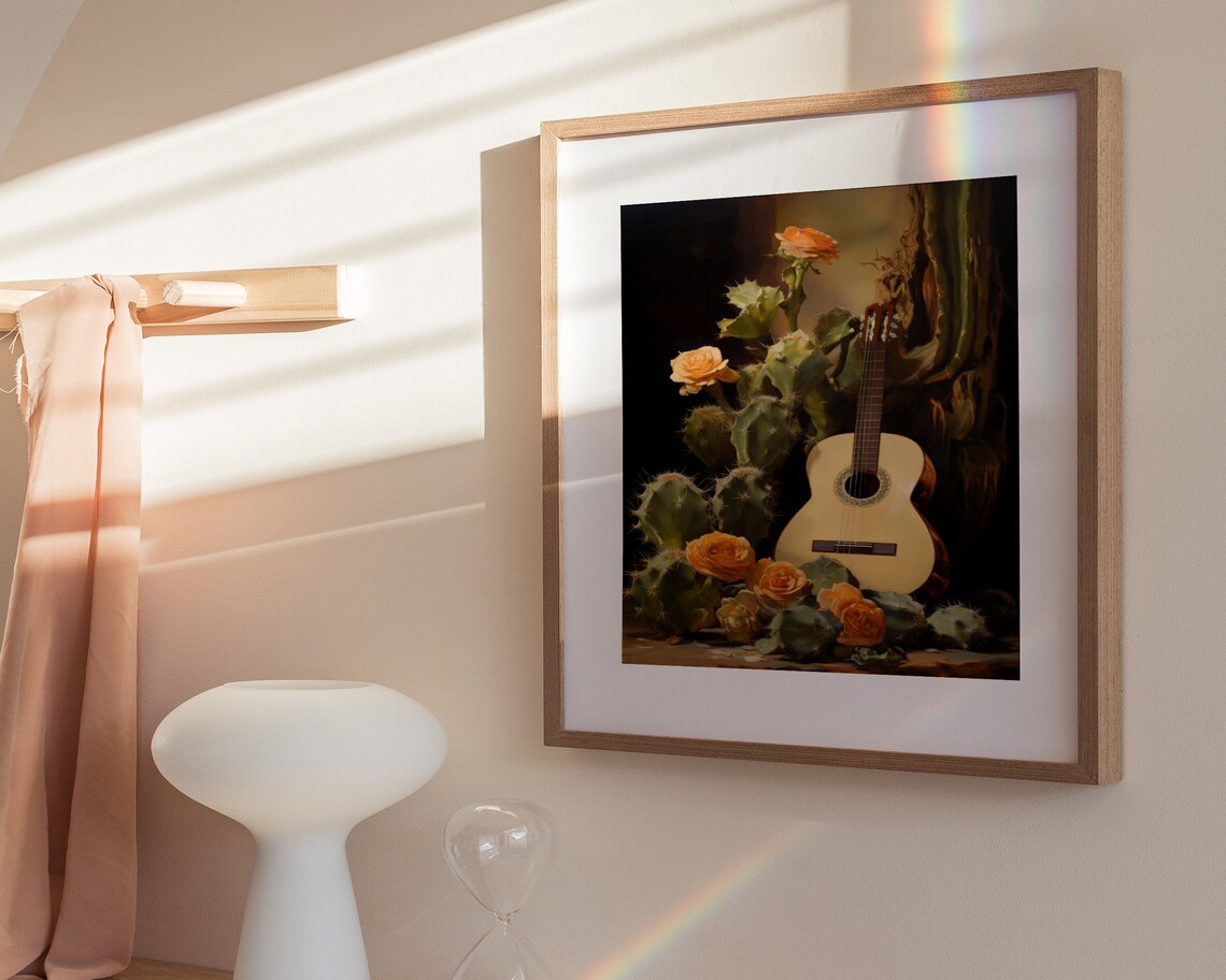 Classical Guitar with Cacti and Orange Roses Moody Still Life Painting Poster - Image 3