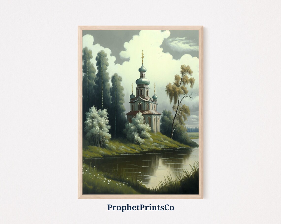 Blue Domed Orthodox Church Riverside Birch Trees Calm Art Poster