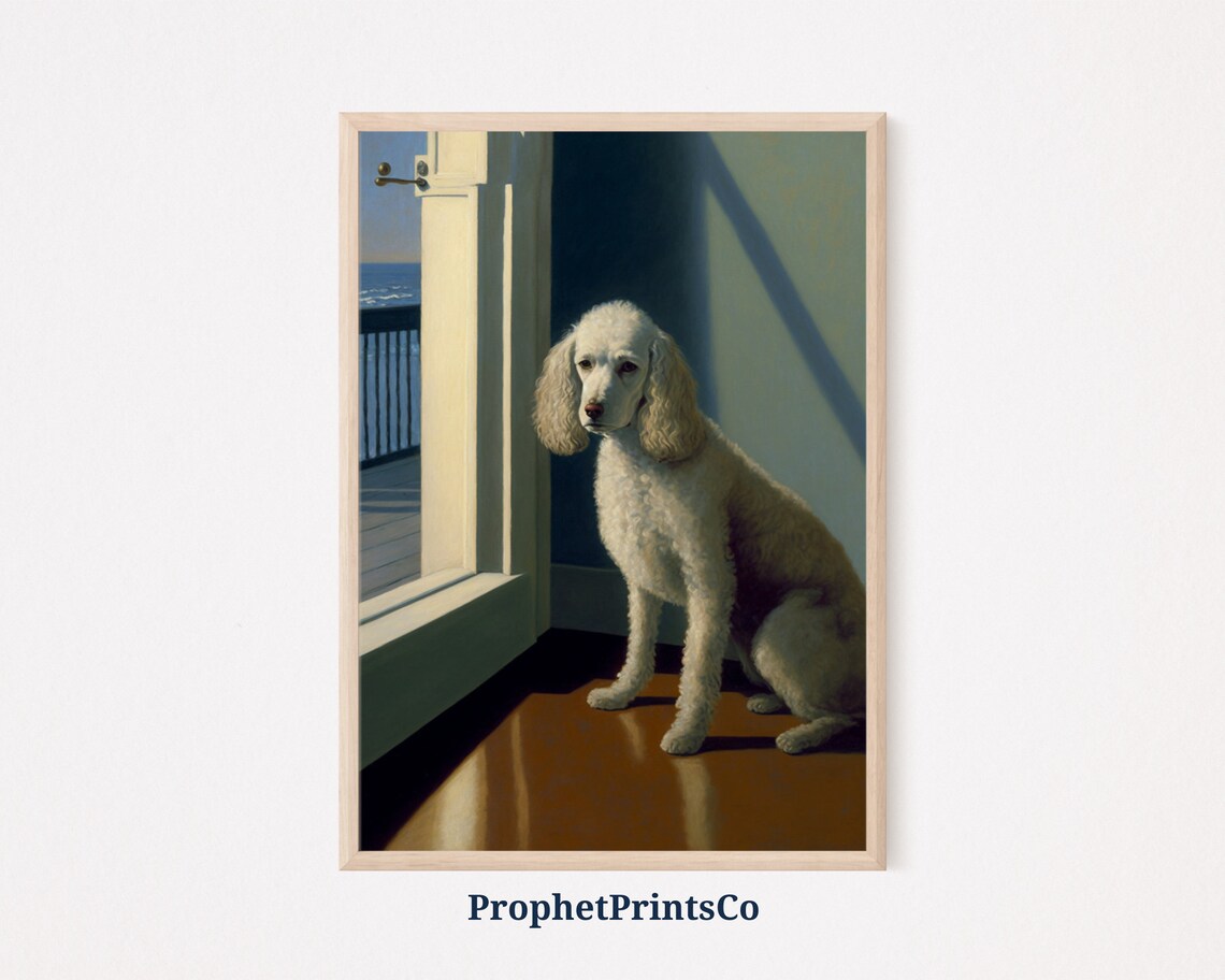 White Poodle By Open Door Overlooking The Sea Coastal Dog Scene Poster