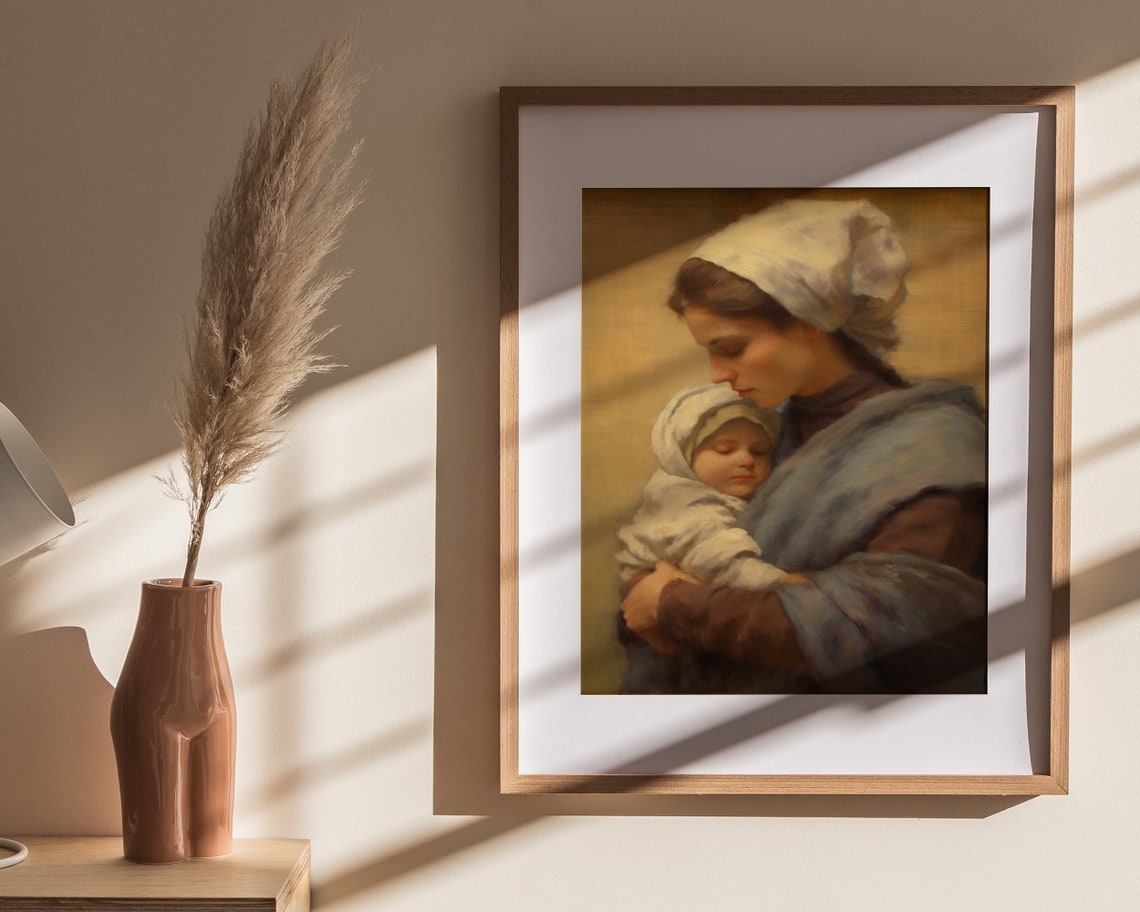 Mother Holding Sleeping Baby White Cap Tender Oil Painting Poster - Image 4