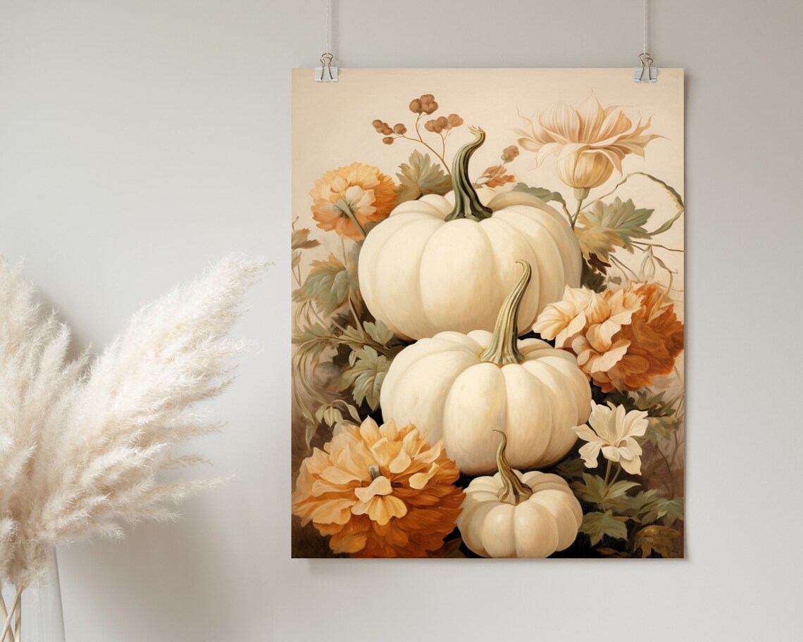 White Pumpkins With Autumn Flowers Muted Farmhouse Fall Art Poster - Image 2