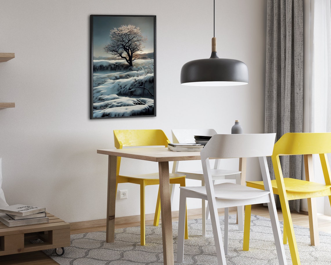 Lone Frost Covered Tree in Snowy Field Moody Winter Art Poster - Image 2