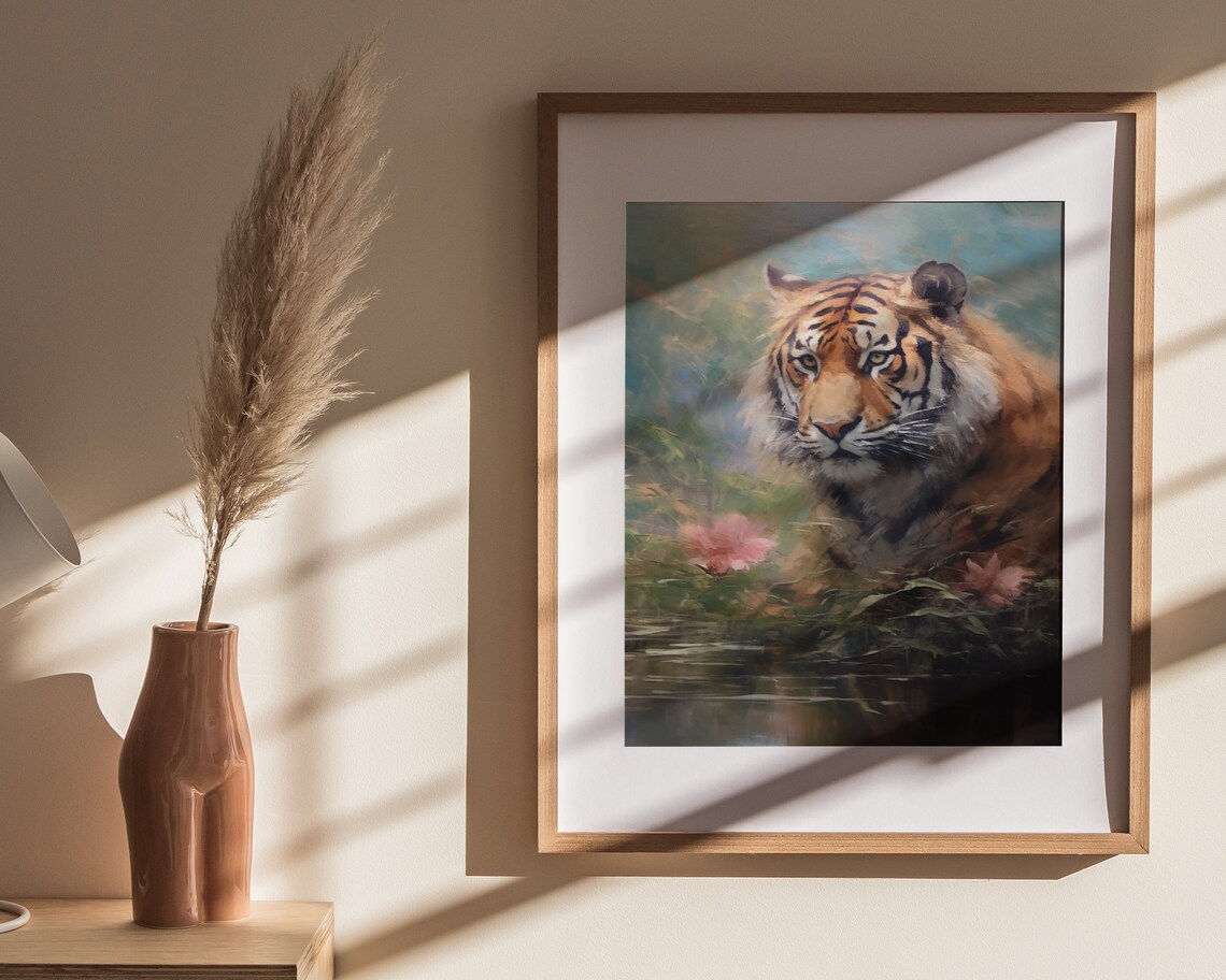 Wild Tiger at Water Edge Pink Flowers Jungle Oil Painting Poster - Image 4