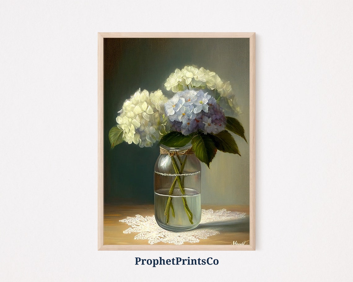 White and Blue Hydrangeas in a Glass Mason Jar Farmhouse Poster