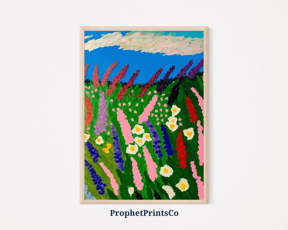 Tall Lupine Spikes And Daisies Naive Floral Meadow Art Poster