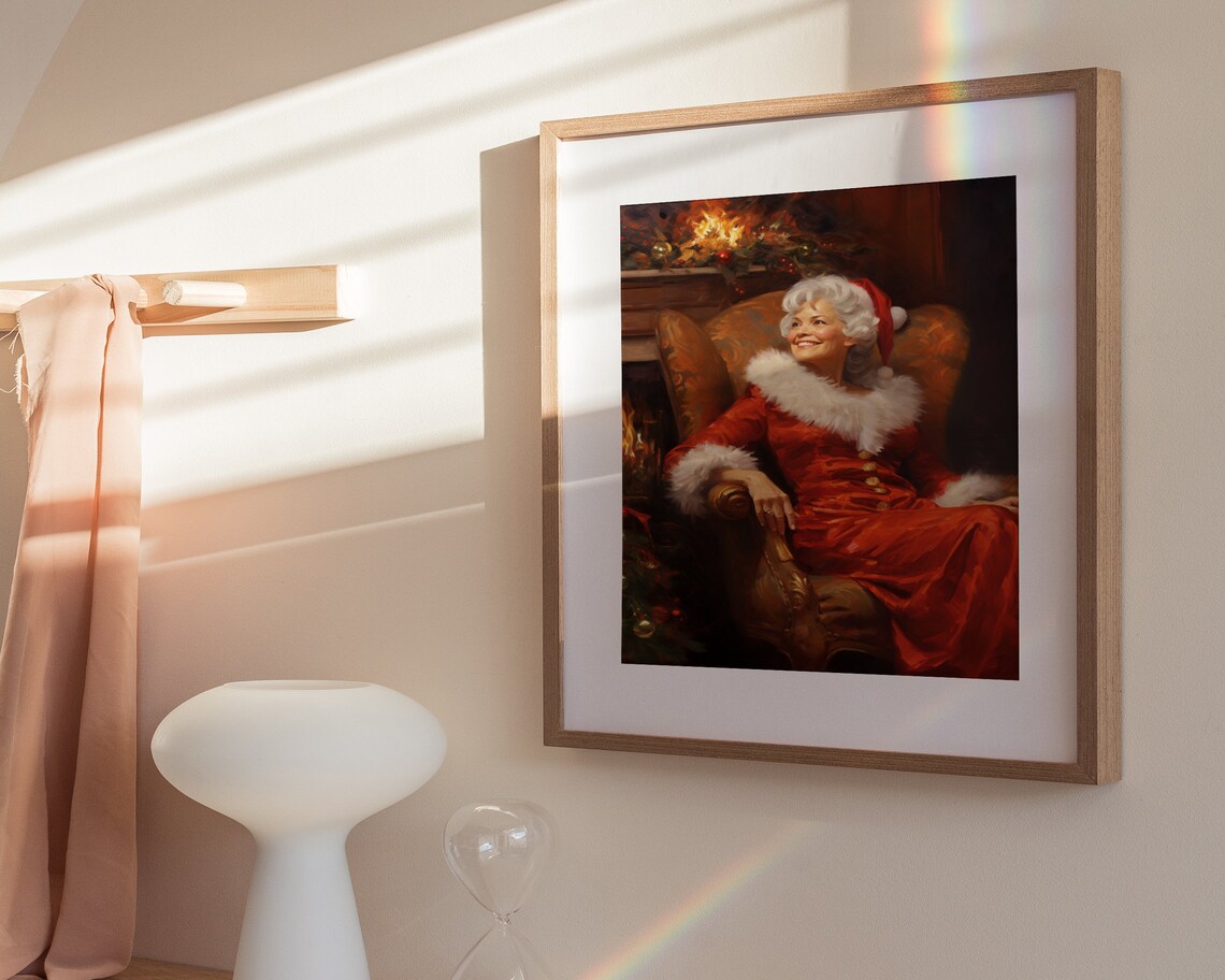 Mrs Claus Relaxing by the Fireplace Vintage Christmas Oil Painting Poster - Image 3