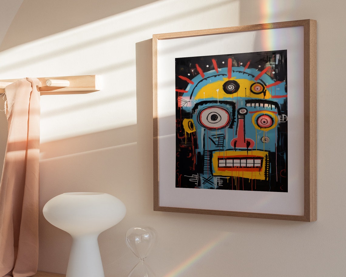 Basquiat Inspired Blue Face Abstract Graffiti Grinning Art Poster - Image 3