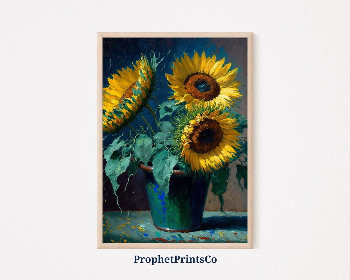 Sunflowers in Green Vase Poster Three Blooms Still Life Oil Artwork