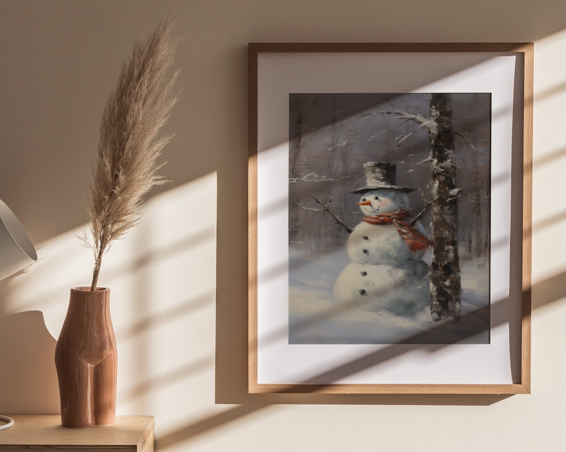 Snowman Red Scarf Birch Tree Snowy Forest Rustic Christmas Poster - Image 4