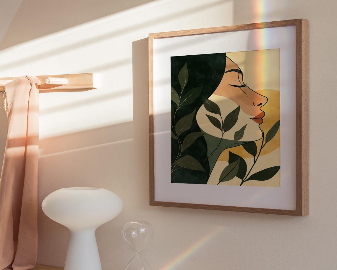 Golden Hour Botanical Woman Profile Floral Leaf Silhouette Poster - Image 3