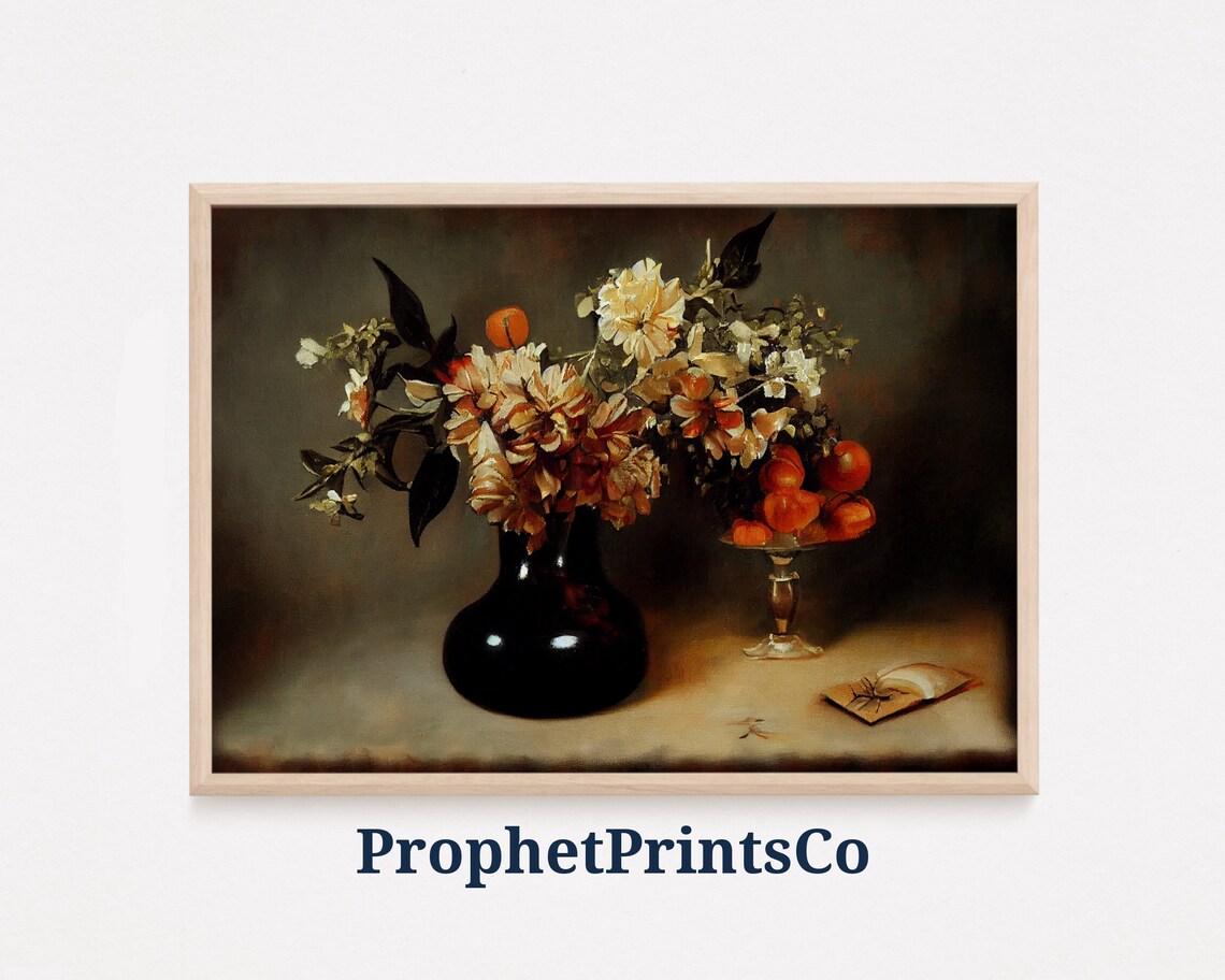 Moody Dark Academia Flower Still Life Vintage Oil Style Poster