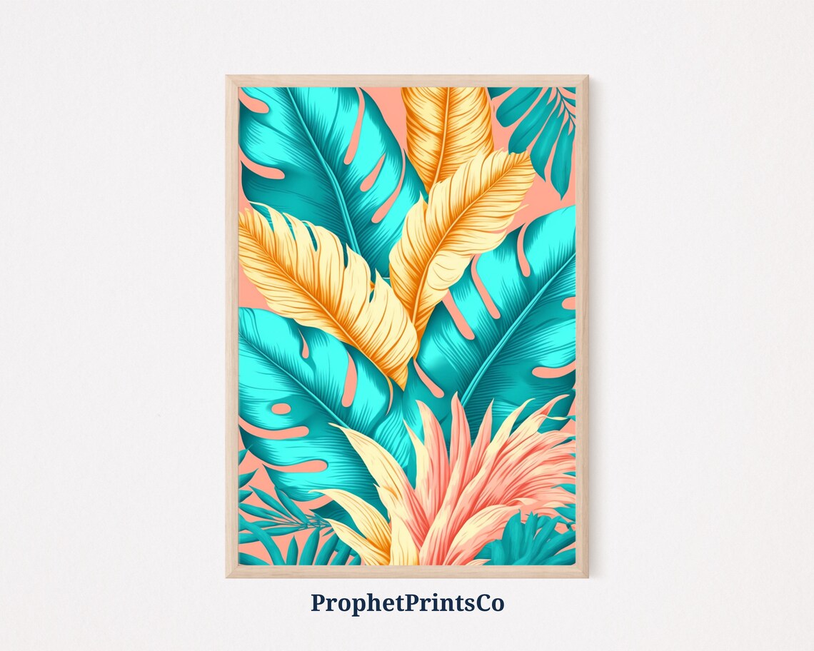 Turquoise Monstera And Golden Palm Leaves Coral Tropical Poster