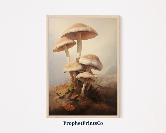 Tan Mushroom Cluster with Autumn Leaves Vintage Forest Floor Painting Poster