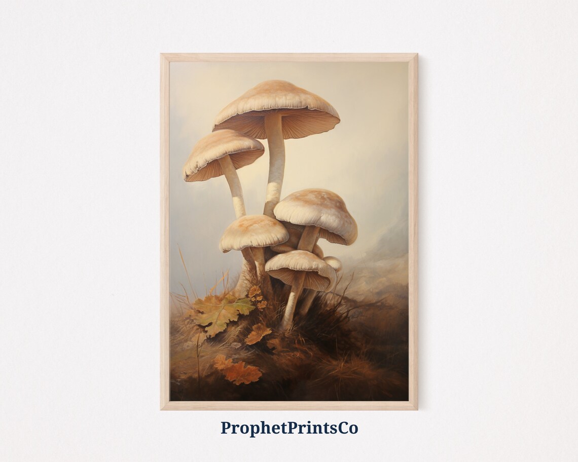 Tan Mushroom Cluster with Autumn Leaves Vintage Forest Floor Painting Poster