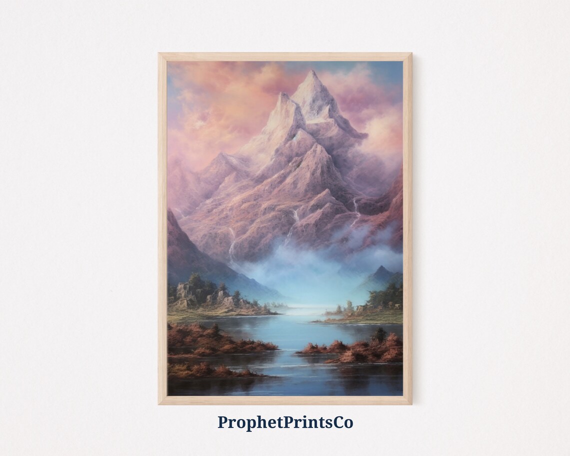 Lavender Mountain Peak Oil Painting Misty Lake Pastel Peaks Poster