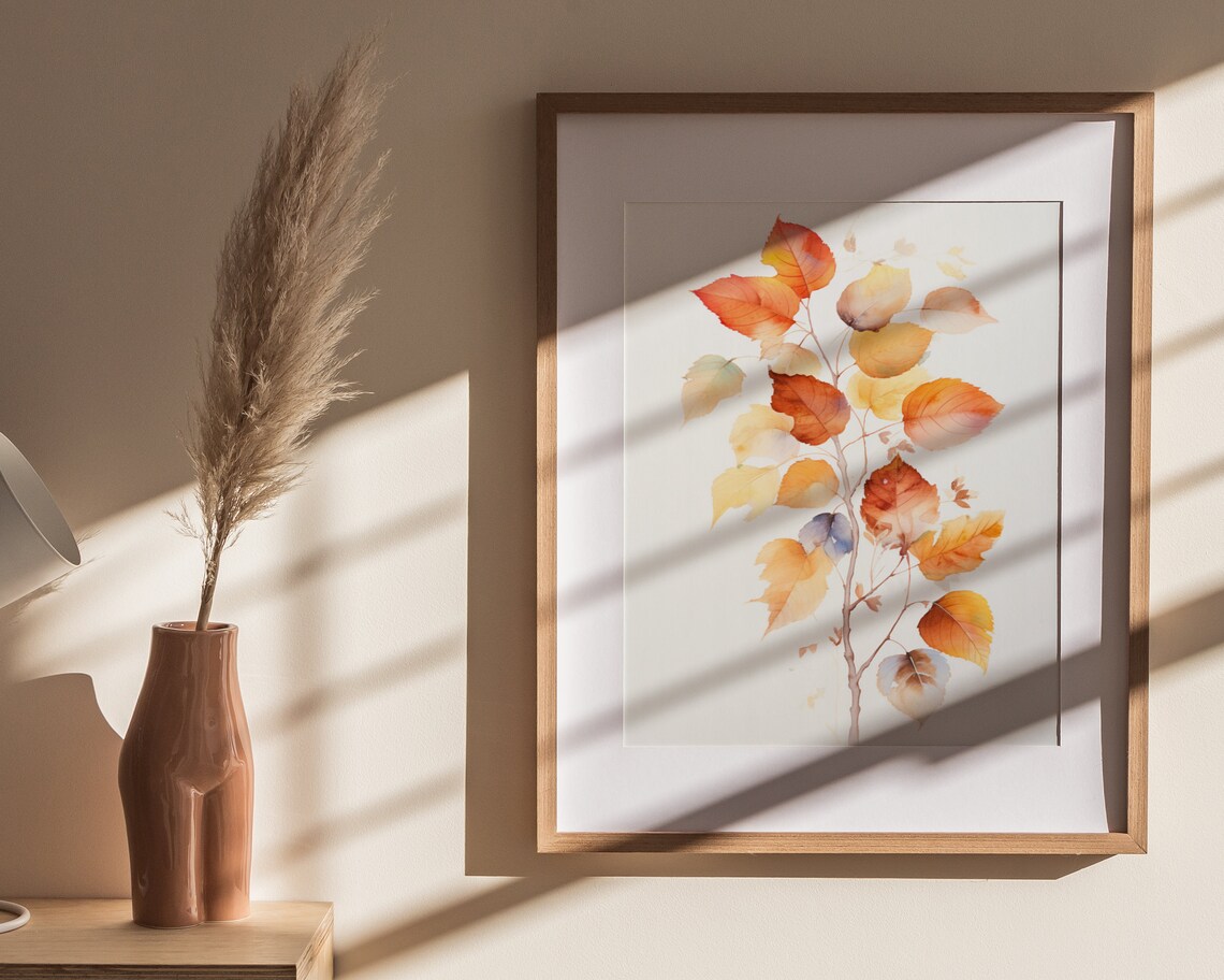 Watercolor Autumn Branch with Orange Gold Leaves Minimal Fall Botanical Poster - Image 4