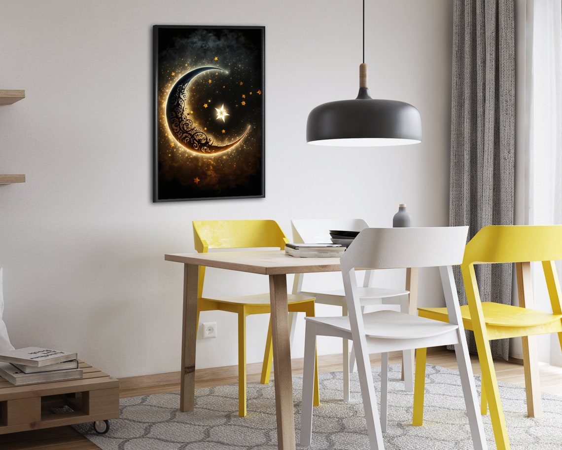 Ornate Filigree Crescent Moon With Golden Stars Night Sky Poster - Image 2