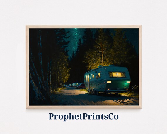 Night Campground With Camper Trailers Among Pines Under Starry Sky Poster