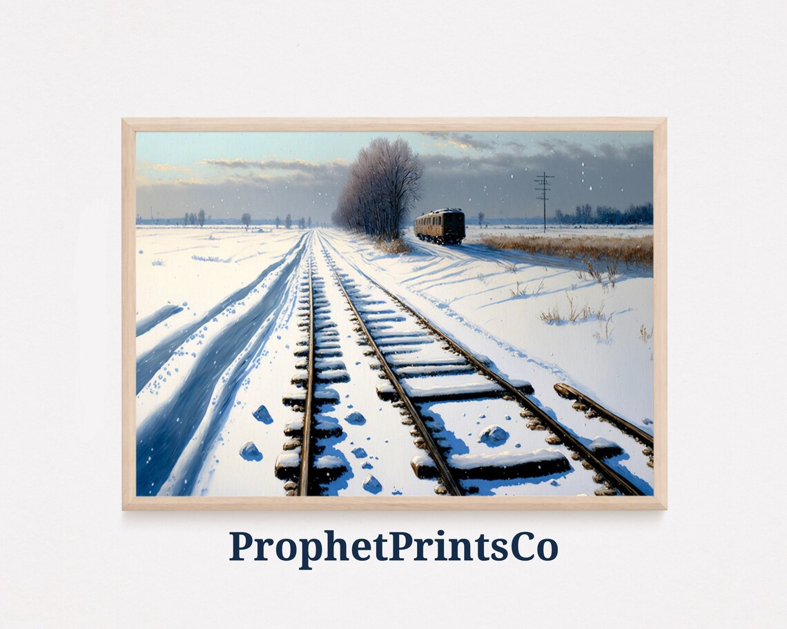 Steam Train Beside Snowy Tracks Falling Snow Winter Art Poster