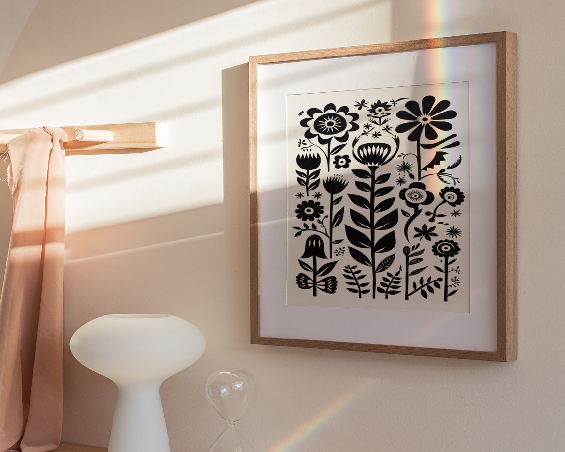 Black And White Floral Pattern Print Boho Wall Art Mid Century Print Cute Eclectic Home Dcor Wall Art - Image 3