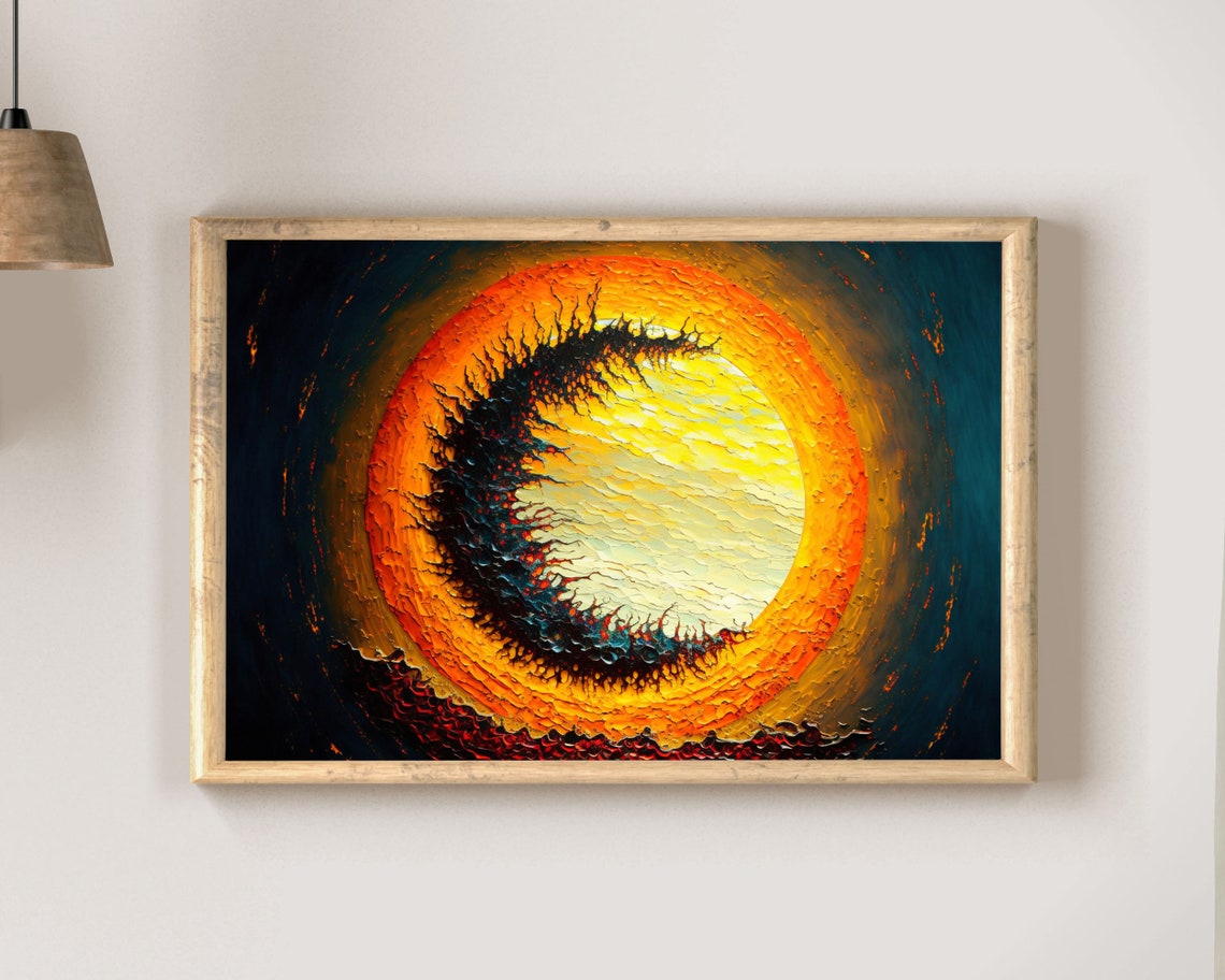 Dramatic Solar Eclipse With Dark Crescent Moon Oil Art Poster - Image 2