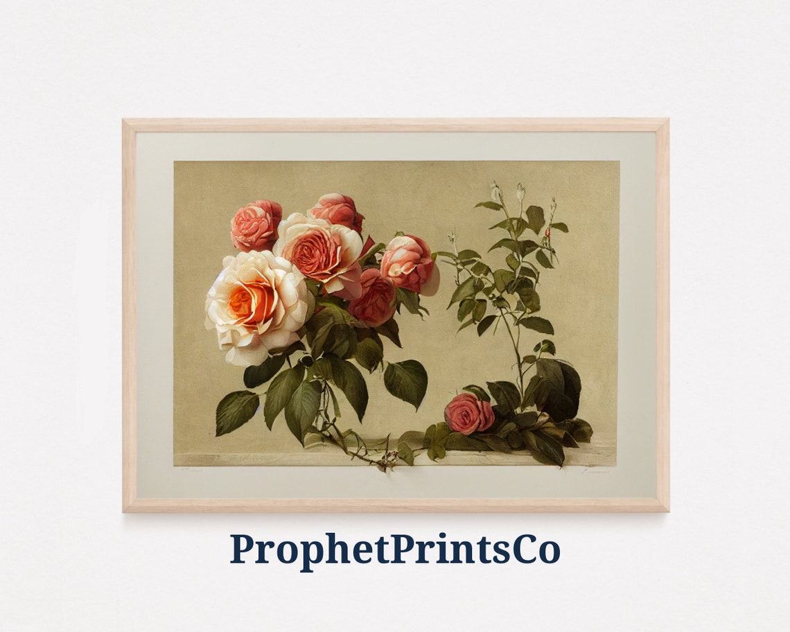 Vintage Peach Rose Bouquet Oil Painting Style Wall Decor Poster