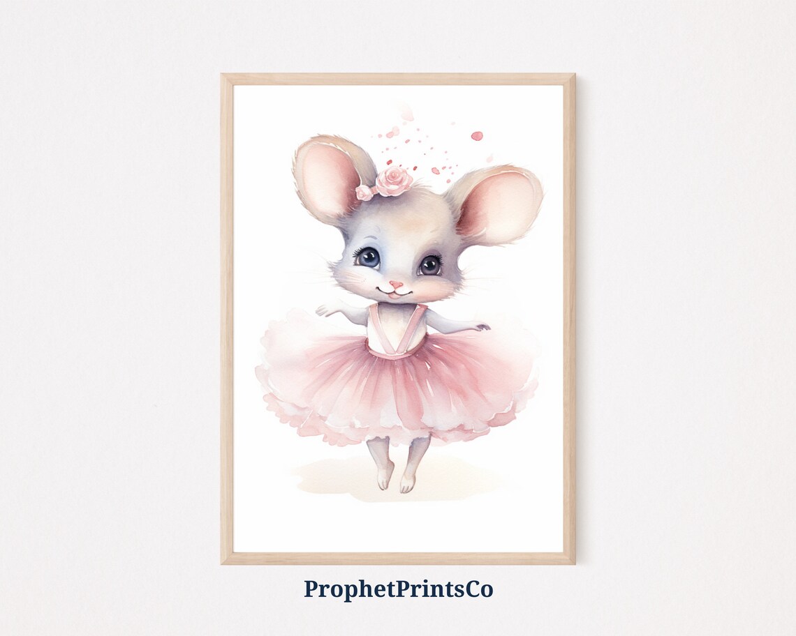 Balletcore Ballerina Mouse Pink Tutu Cute Watercolor Nursery Poster