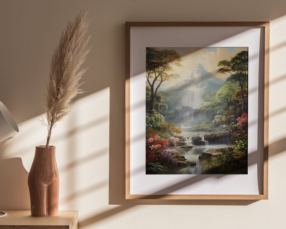 Tropical Waterfall Lush Jungle Flowers Mountain Painting Poster - Image 4