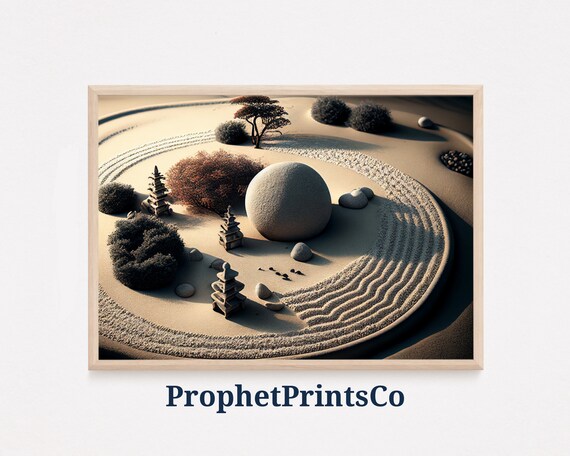 Japanese Zen Rock Garden With Pagodas Raked Sand Circles Poster