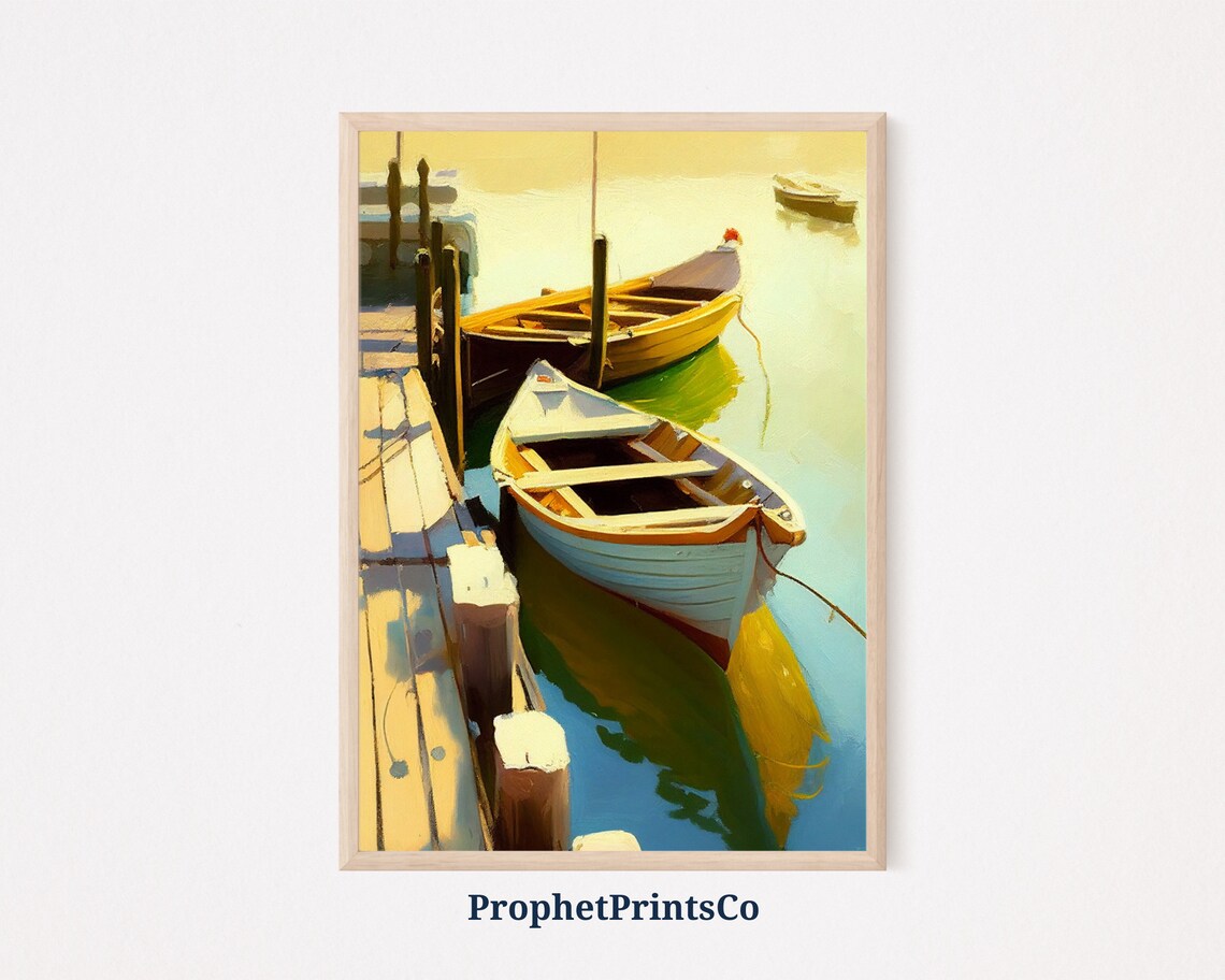 Sunny Rowboats At Wooden Dock Harbor Water Reflection Coastal Poster