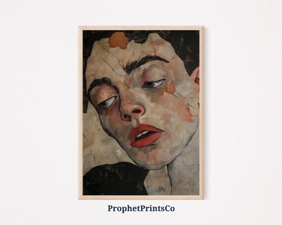 Abstract Female Face Tilted Head Red Lips Moody Expressionist Poster