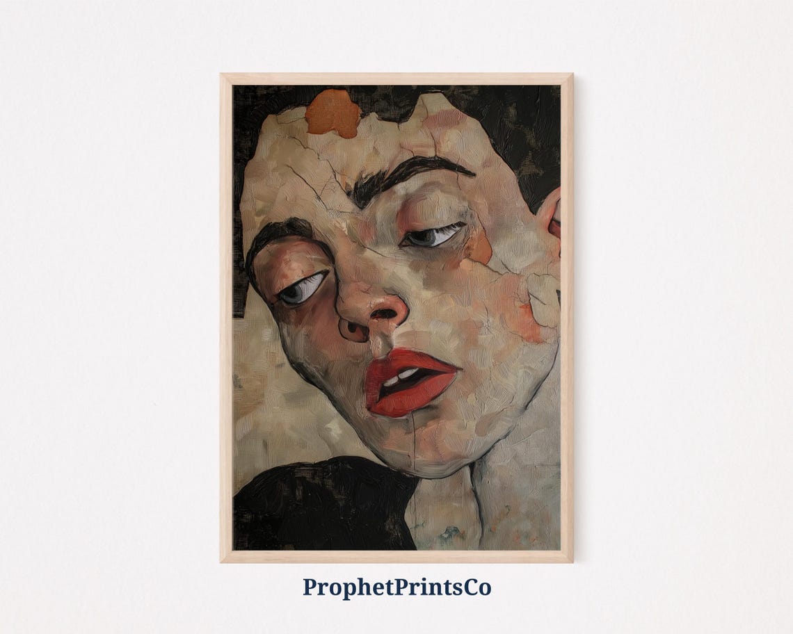 Abstract Female Face Tilted Head Red Lips Moody Expressionist Poster