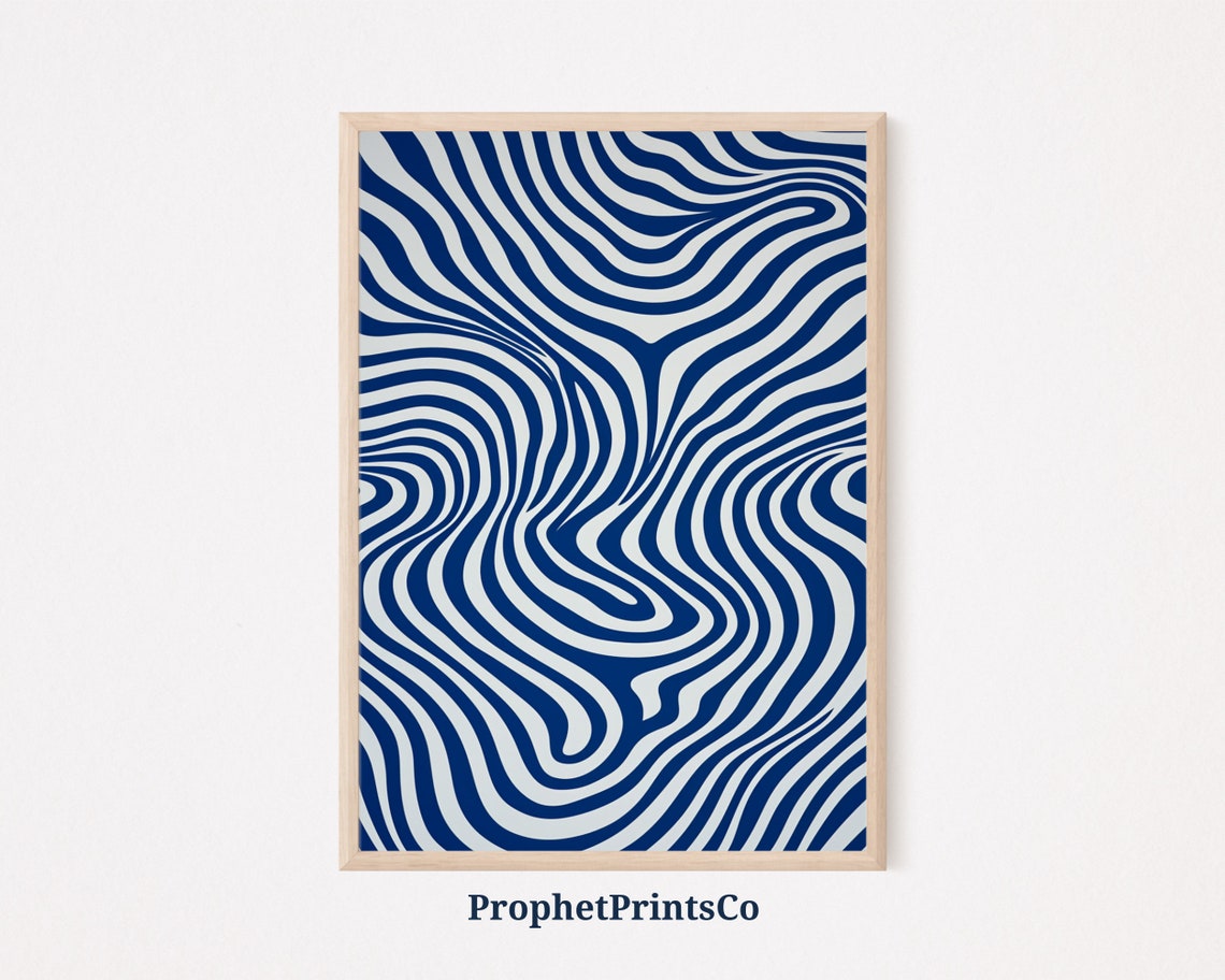 Navy And Cream Wavy Line Optical Illusion Abstract Art Poster
