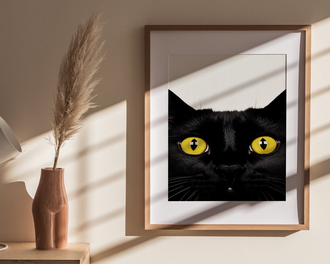 Funny Black Cat With Yellow Eyes Peeking Minimalist Art Poster - Image 4