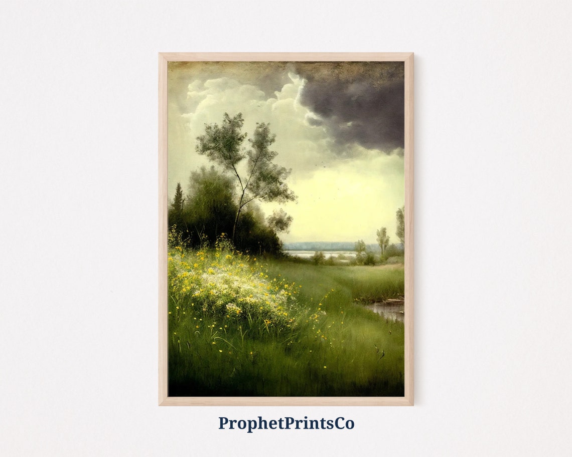 Yellow Wildflower Meadow Lone Tree Storm Cloud Vintage Poster