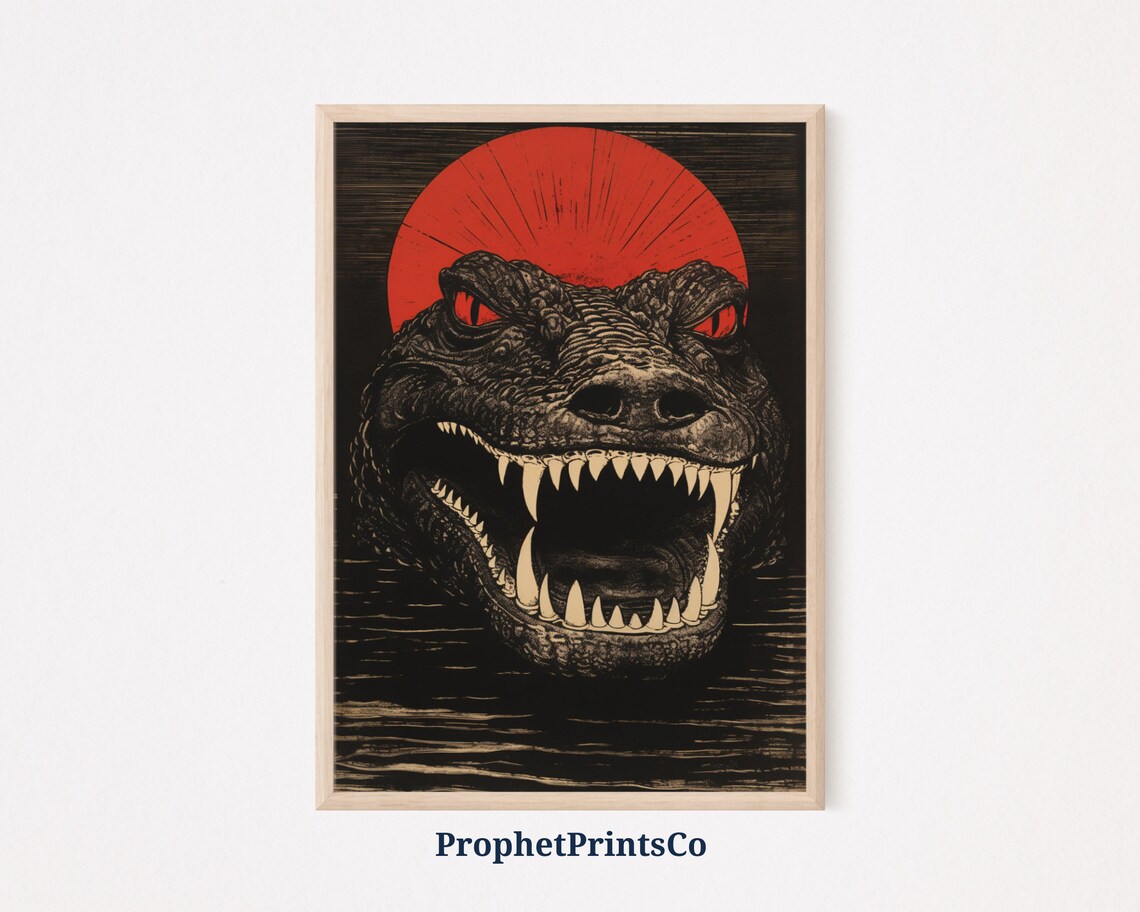 Menacing Crocodile Red Sun Japanese Woodblock Style Art Poster