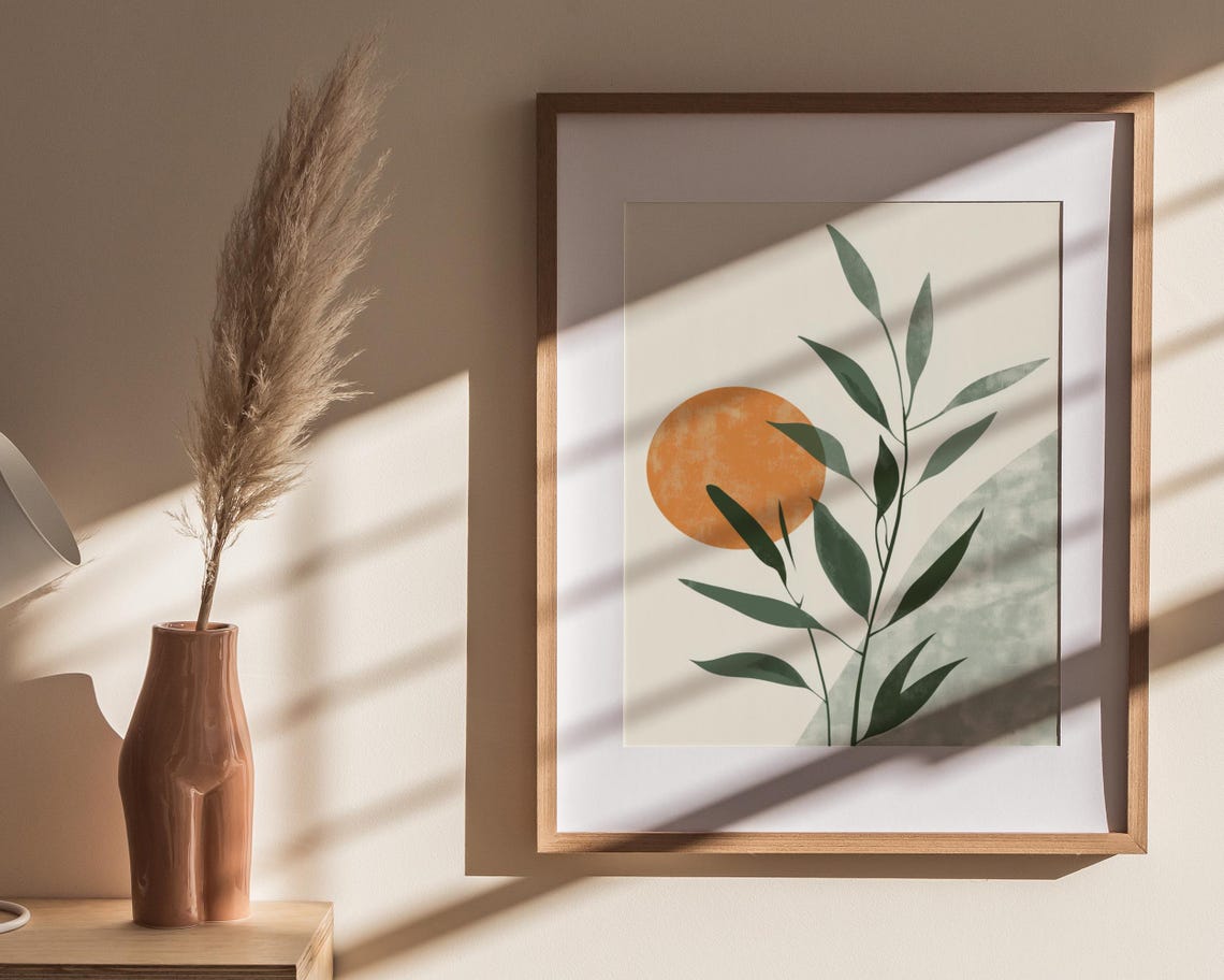 Abstract Botanical Sun Orange Circle Green Leaves Modern Poster - Image 4