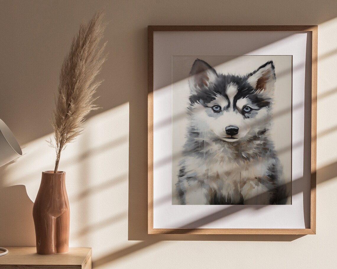 Cute Husky Puppy Portrait on Cream Vintage Dog Oil Painting Wall Art - Image 4