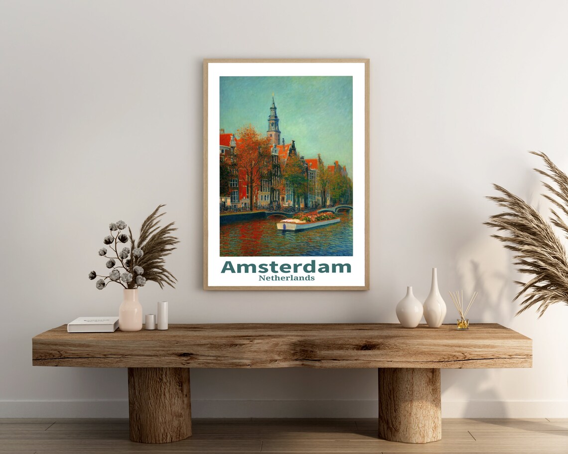 Amsterdam Canal Flower Boat Gabled Houses Netherlands Travel Poster - Image 3