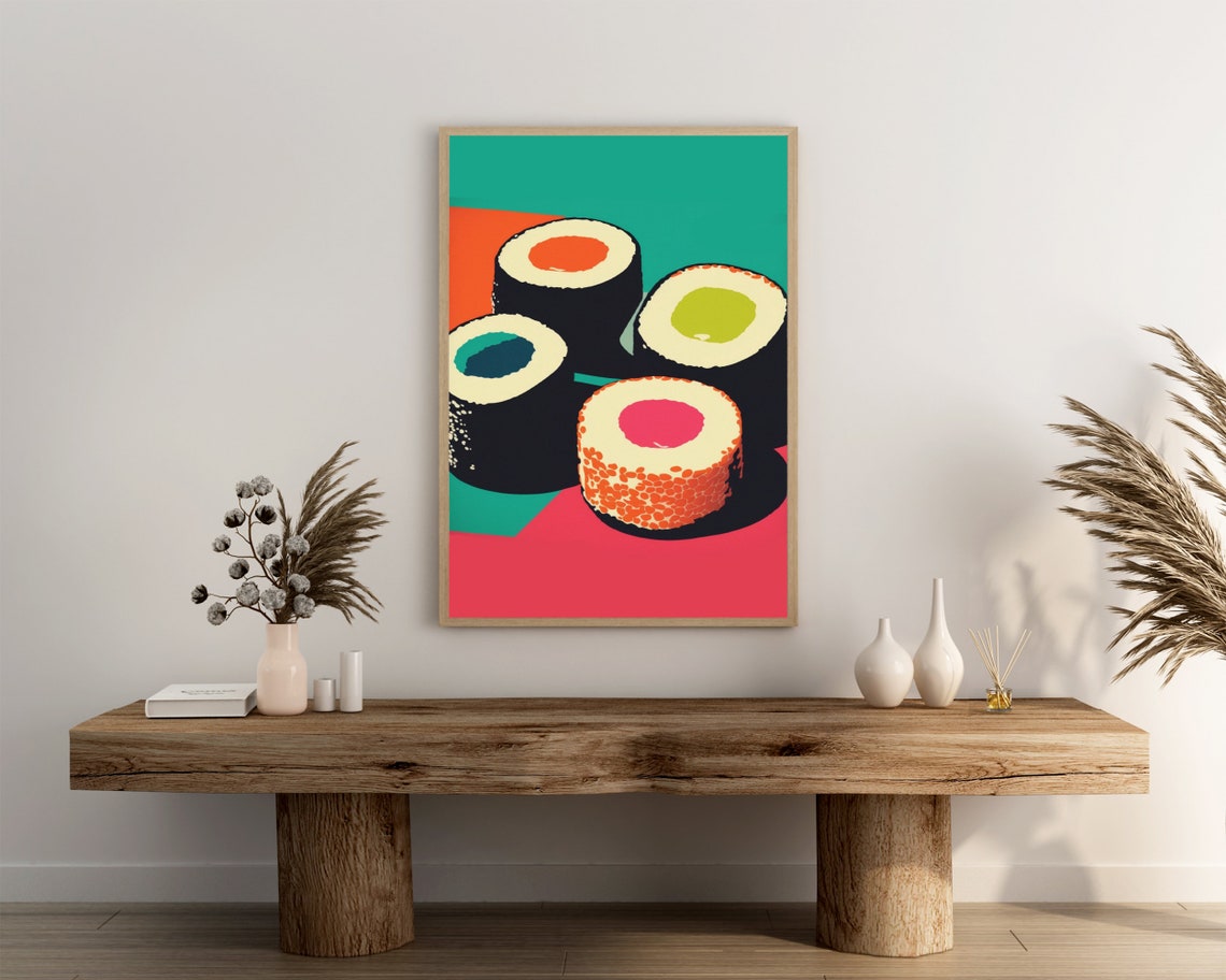 Pop Art Sushi Poster Colorful Maki Rolls on Teal and Red Design - Image 3