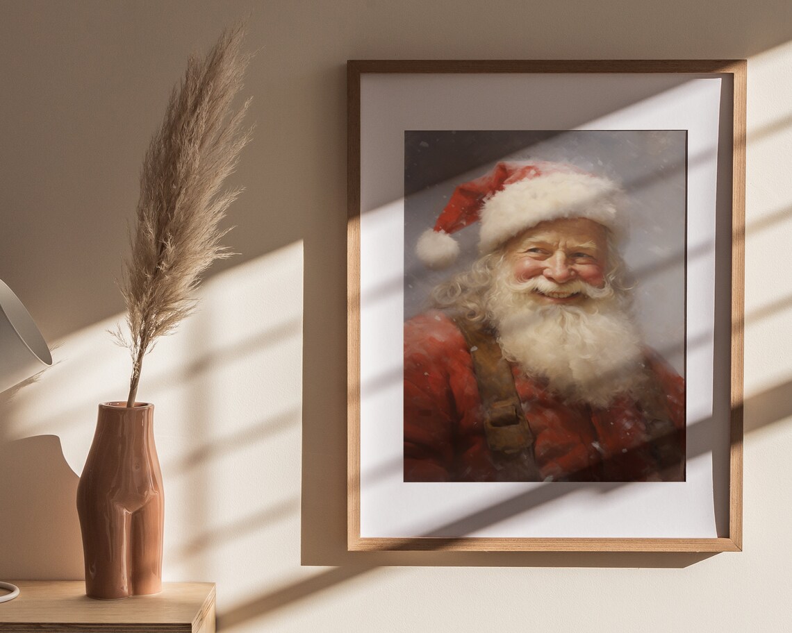 Smiling Santa Claus in Soft Snowfall Vintage Christmas Portrait Painting Poster - Image 4
