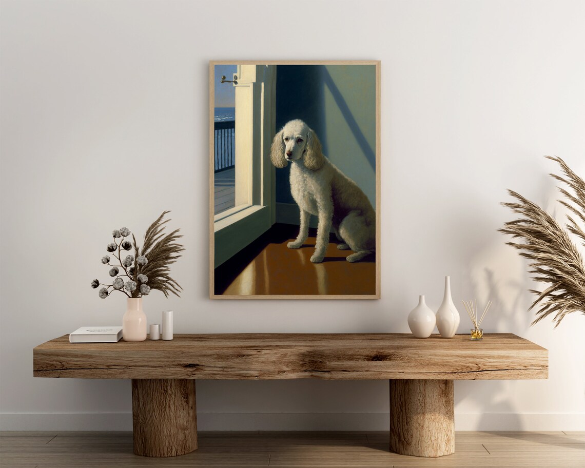 White Poodle By Open Door Overlooking The Sea Coastal Dog Scene Poster - Image 3
