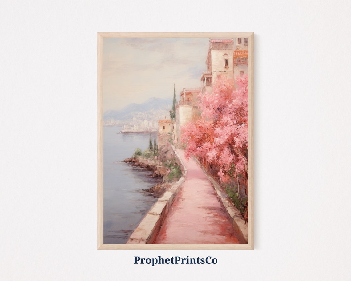 Pink Blossom Seaside Path Whitewashed Village Painting Poster