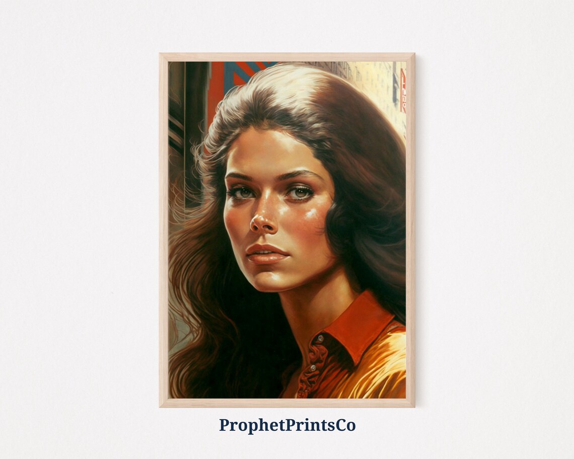 Retro 70s Woman Portrait Dark Hair Rust Blouse Vintage Art Poster